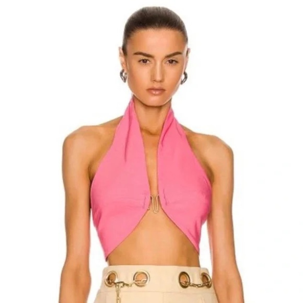 Cult Gaia Pink Halter Crop Top with Gold Hardware